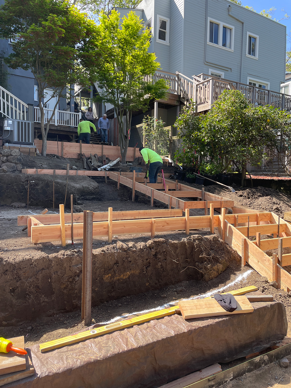 Oakland Piedmont Garden Design Sloped Hillside Adventure Outdoor Playground Young Kids Stumps Swings Soccer Dining Family Backyard Native Plants