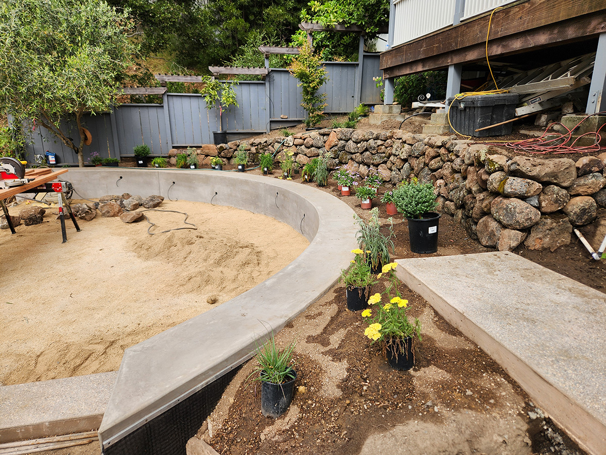 Oakland Piedmont Garden Design Sloped Hillside Adventure Outdoor Playground Young Kids Stumps Swings Soccer Dining Family Backyard Native Plants