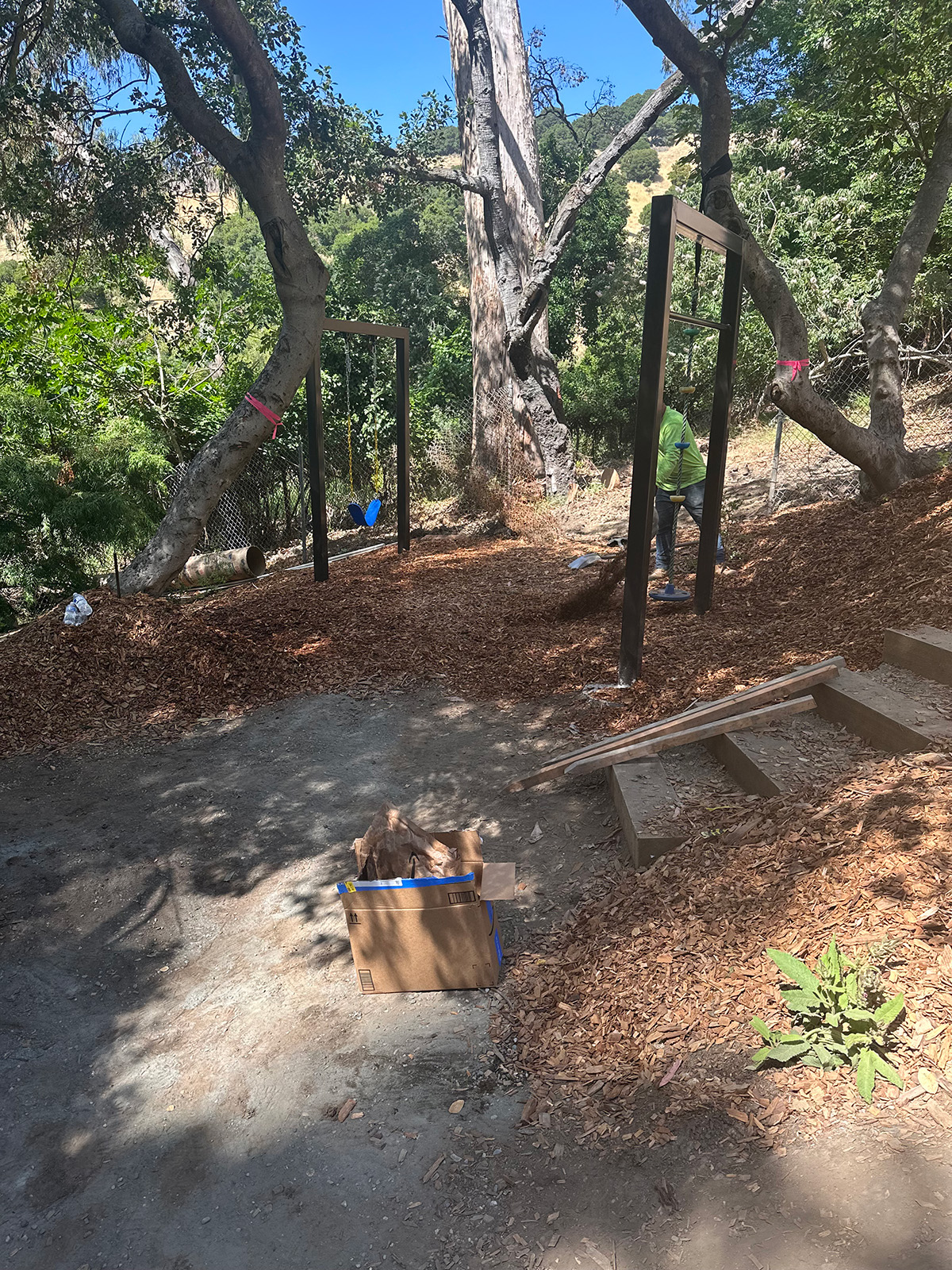 Oakland Piedmont Garden Design Sloped Hillside Adventure Outdoor Playground Young Kids Stumps Swings Soccer Dining Family Backyard Native Plants