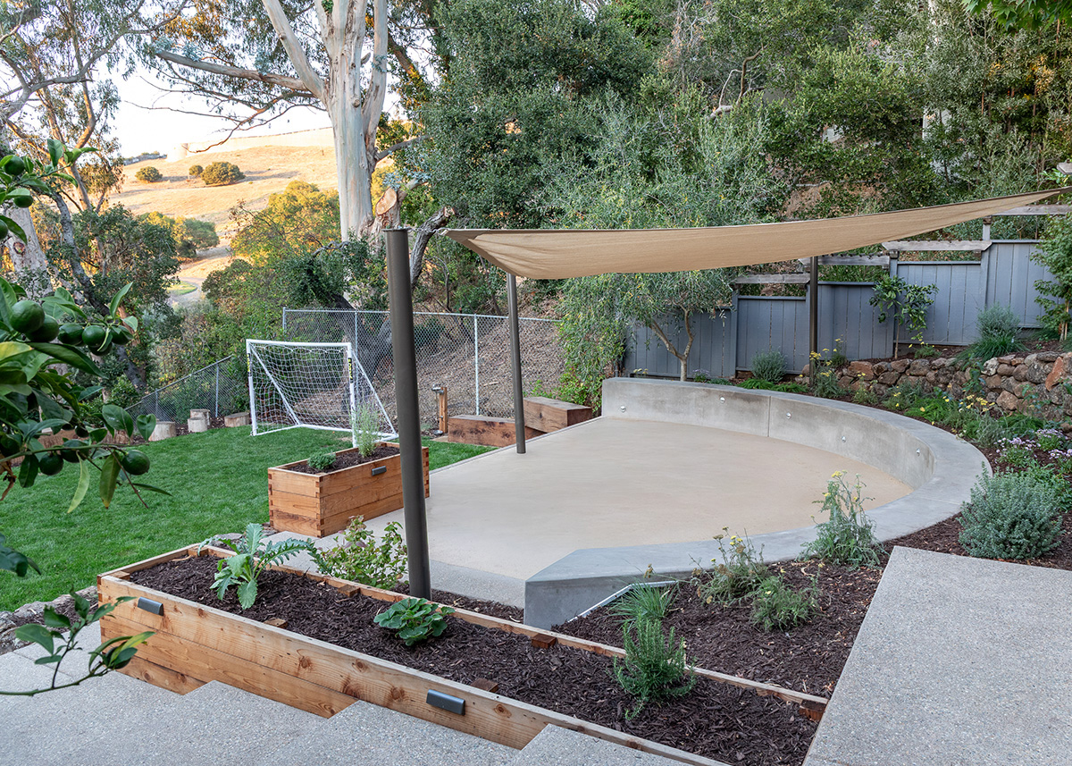 Oakland Piedmont Garden Design Sloped Hillside Adventure Outdoor Playground Young Kids Stumps Swings Soccer Dining Family Backyard Native Plants