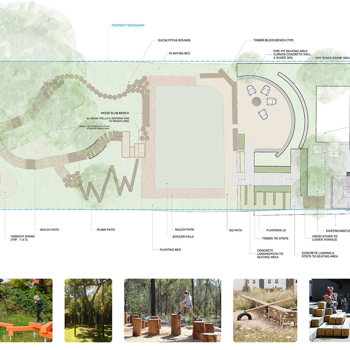 Oakland Piedmont Garden Design Sloped Hillside Adventure Outdoor Playground Young Kids Stumps Swings Soccer Dining Family Backyard Native Plants