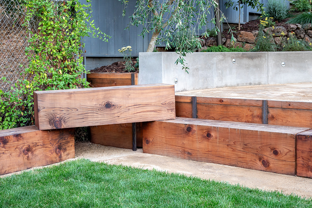 Oakland Piedmont Garden Design Sloped Hillside Adventure Outdoor Playground Young Kids Stumps Swings Soccer Dining Family Backyard Native Plants