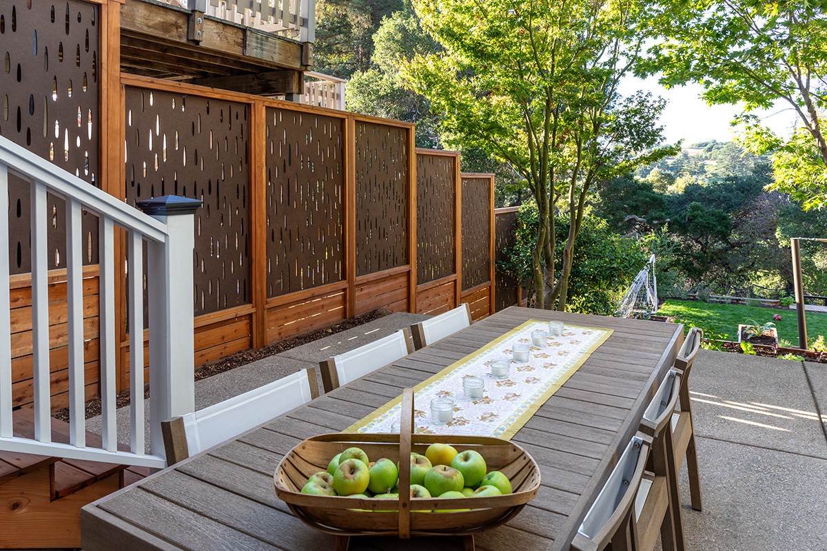 Oakland Piedmont Garden Design Sloped Hillside Adventure Outdoor Playground Young Kids Stumps Swings Soccer Dining Family Backyard Native Plants