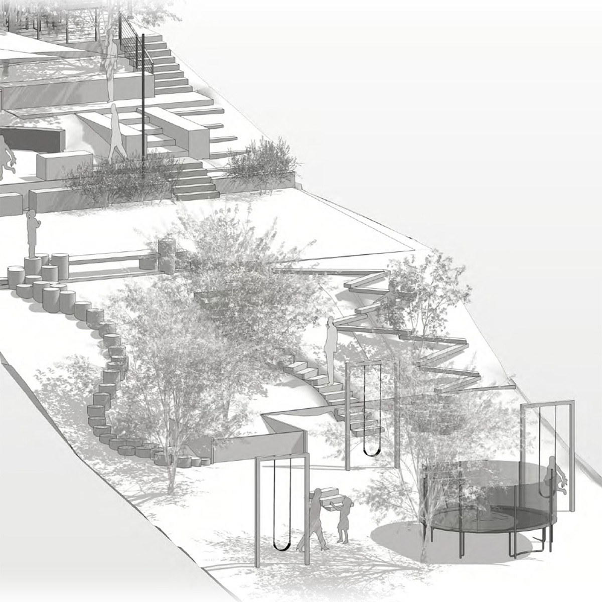 Oakland Piedmont Garden Design Sloped Hillside Adventure Outdoor Playground Young Kids Stumps Swings Soccer Dining Family Backyard Native Plants