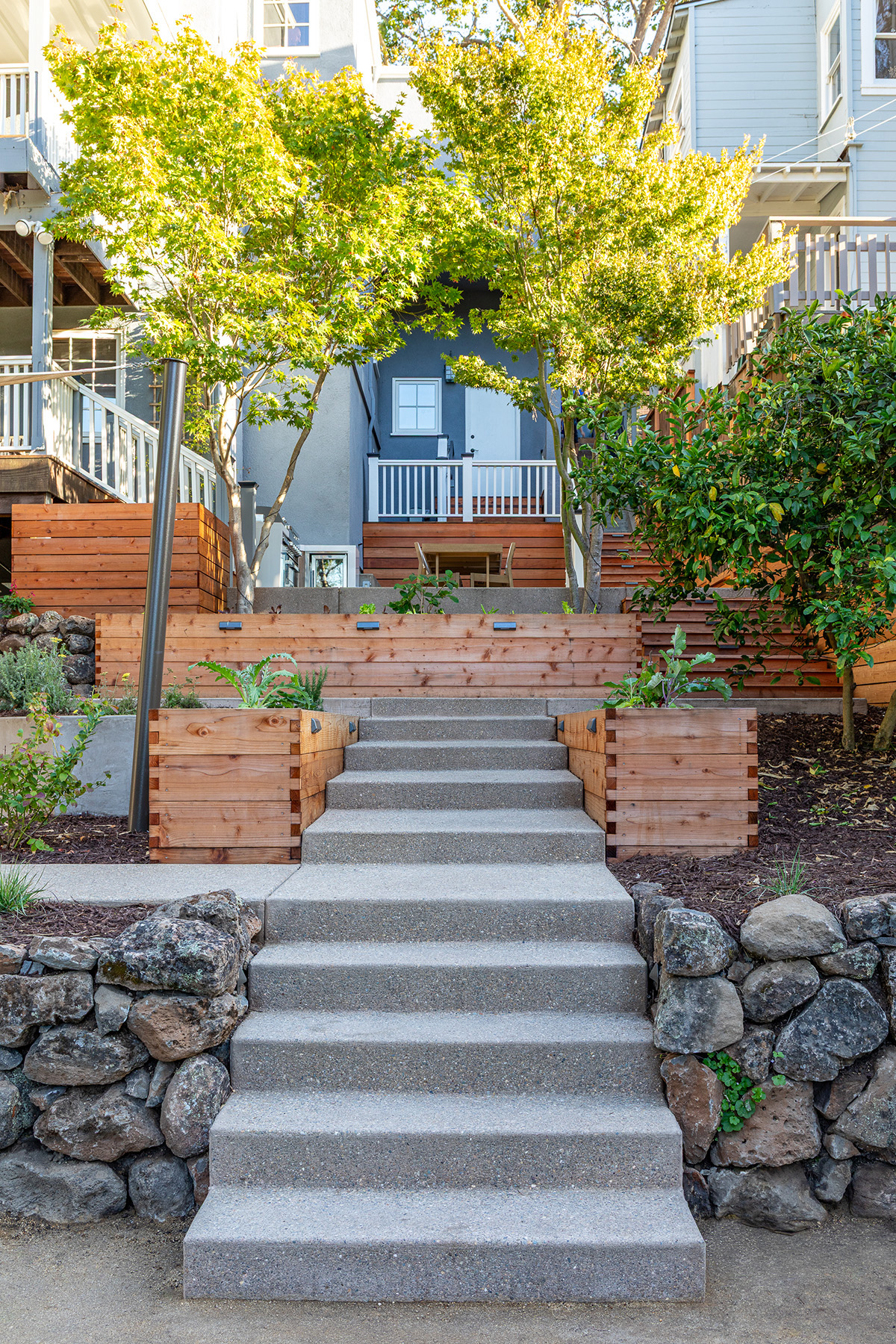 Oakland Piedmont Garden Design Sloped Hillside Adventure Outdoor Playground Young Kids Stumps Swings Soccer Dining Family Backyard Native Plants