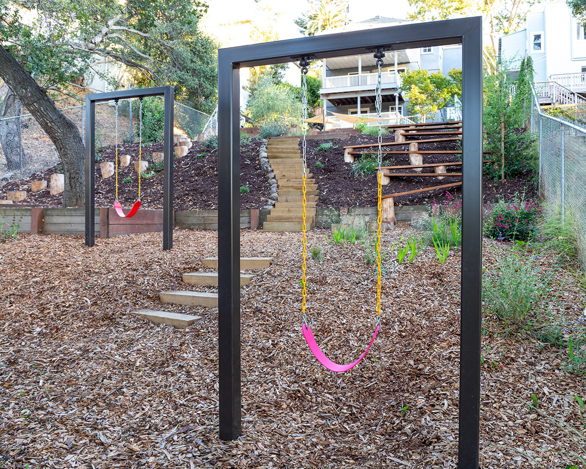Oakland Piedmont Garden Design Sloped Hillside Adventure Outdoor Playground Young Kids Stumps Swings Soccer Dining Family Backyard Native Plants