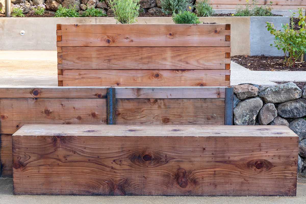 Oakland Piedmont Garden Design Sloped Hillside Adventure Outdoor Playground Young Kids Stumps Swings Soccer Dining Family Backyard Native Plants