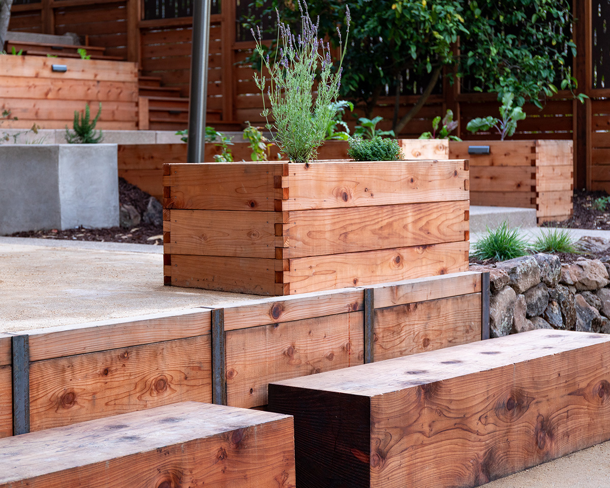 Oakland Piedmont Garden Design Sloped Hillside Adventure Outdoor Playground Young Kids Stumps Swings Soccer Dining Family Backyard Native Plants