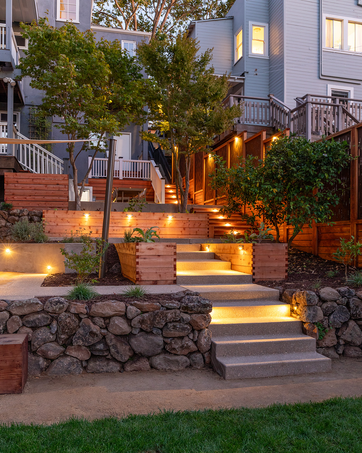 Oakland Piedmont Garden Design Sloped Hillside Adventure Outdoor Playground Young Kids Stumps Swings Soccer Dining Family Backyard Native Plants