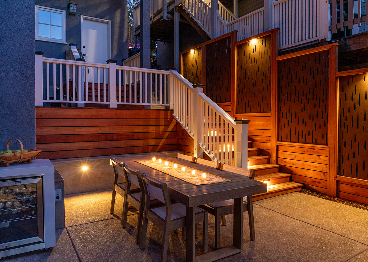 Oakland Piedmont Garden Design Sloped Hillside Adventure Outdoor Playground Young Kids Stumps Swings Soccer Dining Family Backyard Native Plants