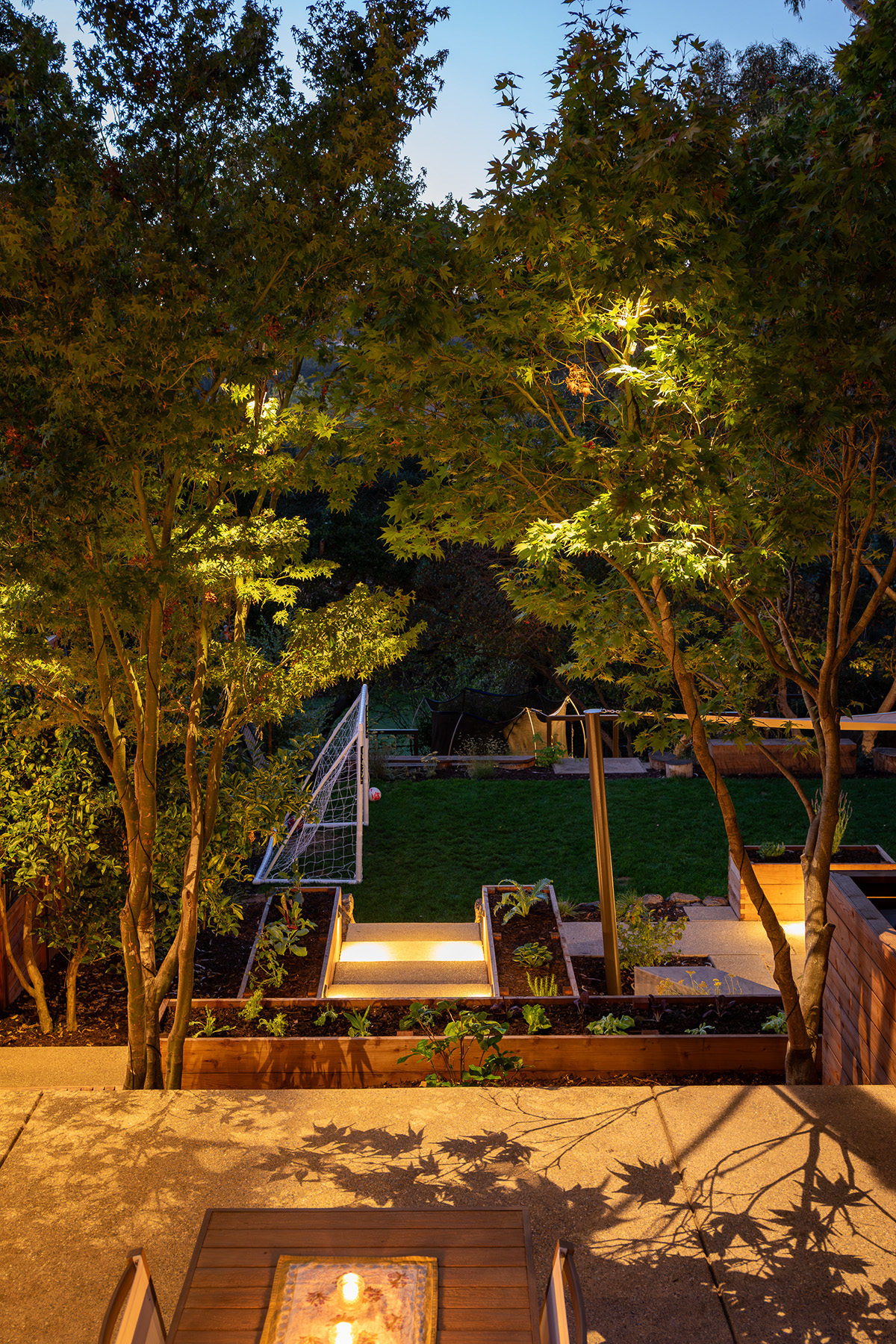 Oakland Piedmont Garden Design Sloped Hillside Adventure Outdoor Playground Young Kids Stumps Swings Soccer Dining Family Backyard Native Plants